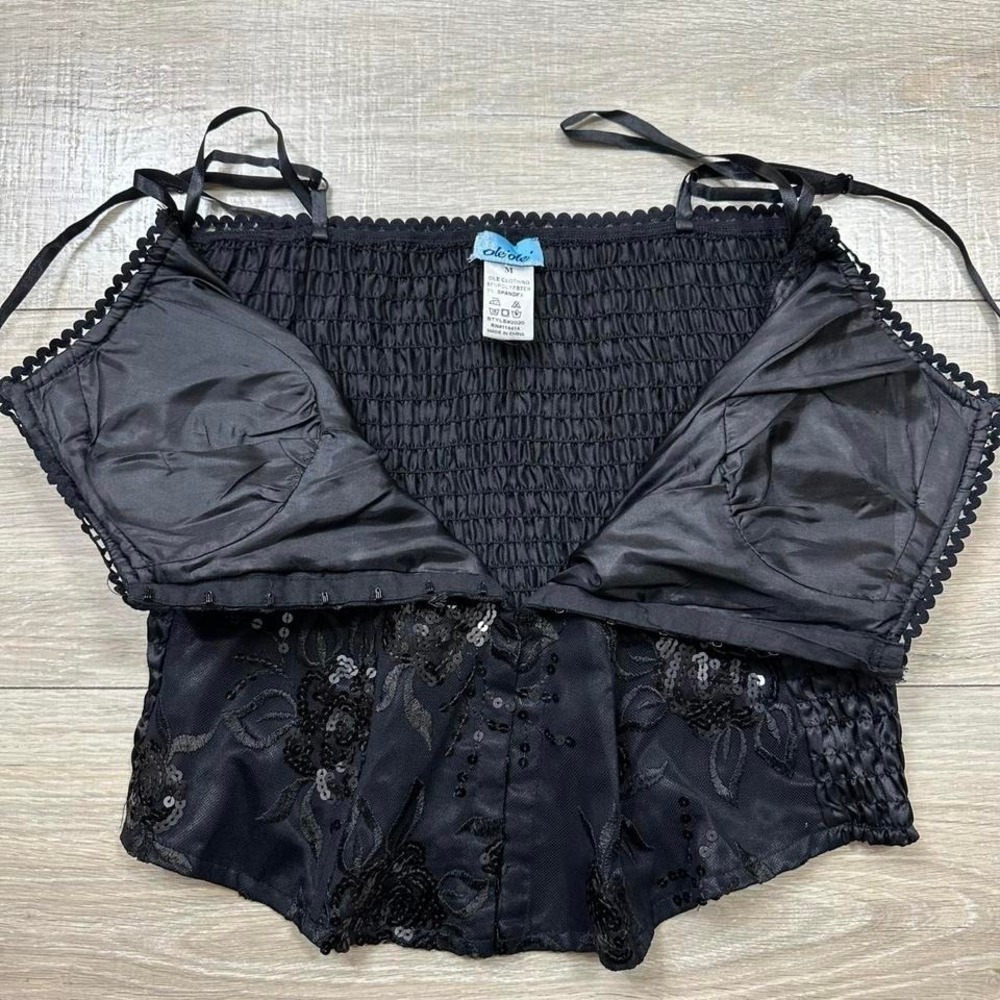 Y2K Ole Ole Black Cami Sequin Floral Embroidery Top Smocked Back Women's Medium - Picture 5 of 9